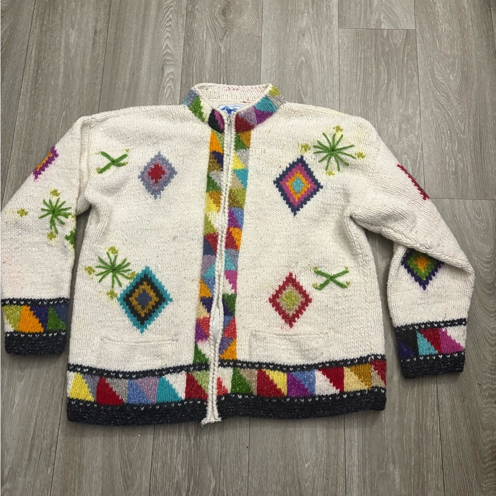 Colorful Geometric Patterned Cardigan handknit 50%cotton 50%wool